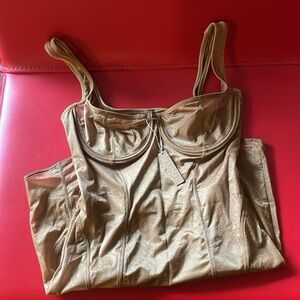 NWT SKIMS Glissenette sheer shimmer Corset Mini Dress bronze gold chai size L